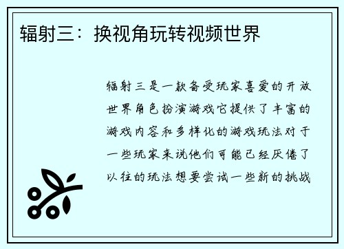 辐射三：换视角玩转视频世界