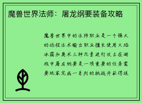 魔兽世界法师：屠龙纲要装备攻略